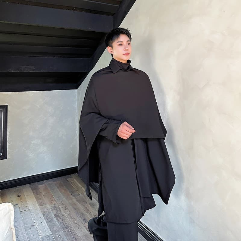 Dark designer style irregular bat sleeve mid-length cape shirt men's cape shoulder top hair magician