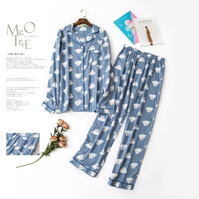 Homewear Pajamas Spring Summer Long Sleeve Couple Men's Plus Size Double Layer Gauze Homewear Set
