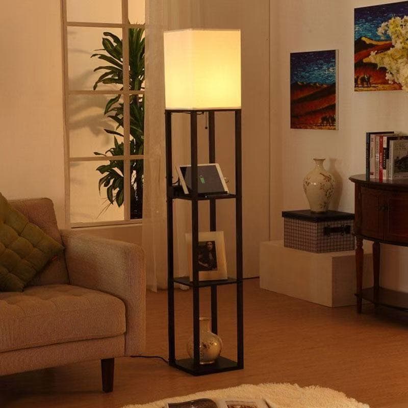 Chinese-style floor lamp with shelf, vintage floor lamp with storage rack, study bookshelf lamp, living room tea room minimalist floor lamp