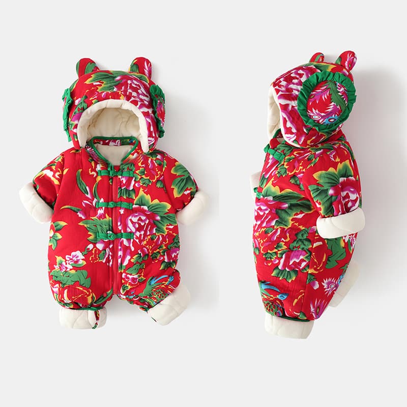 Thickened Military Cotton Romper Baby Winter Clothes Floral Print Fleece Lined Jumpsuit for Newborn Girls Long Sleeve Zipper Style