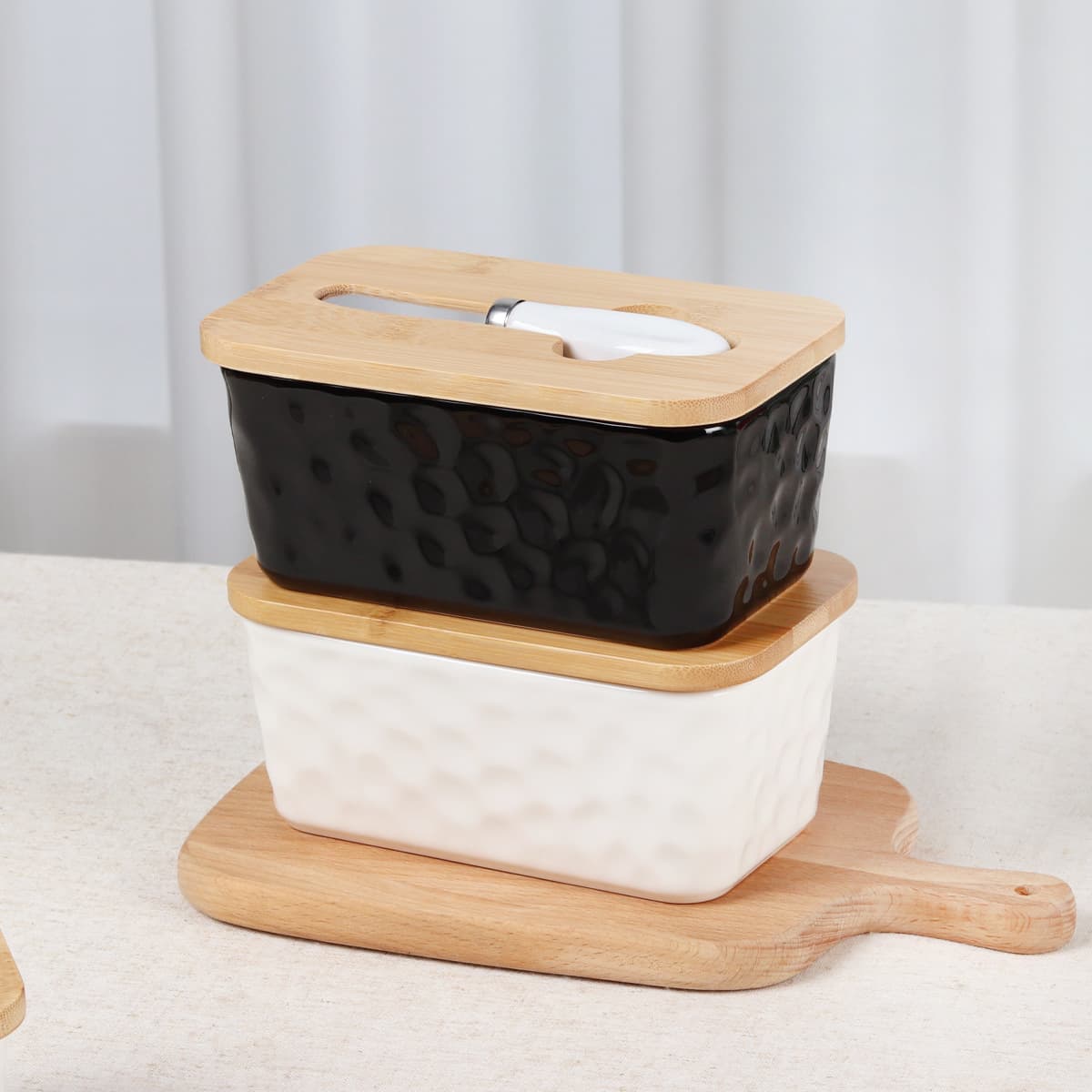 Cross-Border Hot-Selling Ceramic Stone Pattern Butter Dish with Silicone Ring Wooden Lid Butter Knife Cheese Storage Jar Butter Box