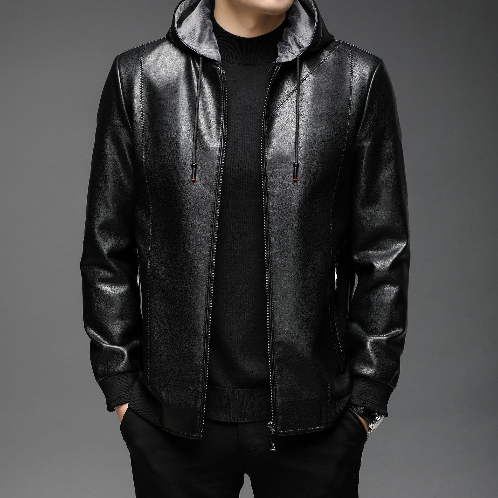 Haining Leather Jacket Men's Autumn Winter New Style Hooded Lined Thickened Leather Jacket Men's Jacket Fashion Casual Leather Coat