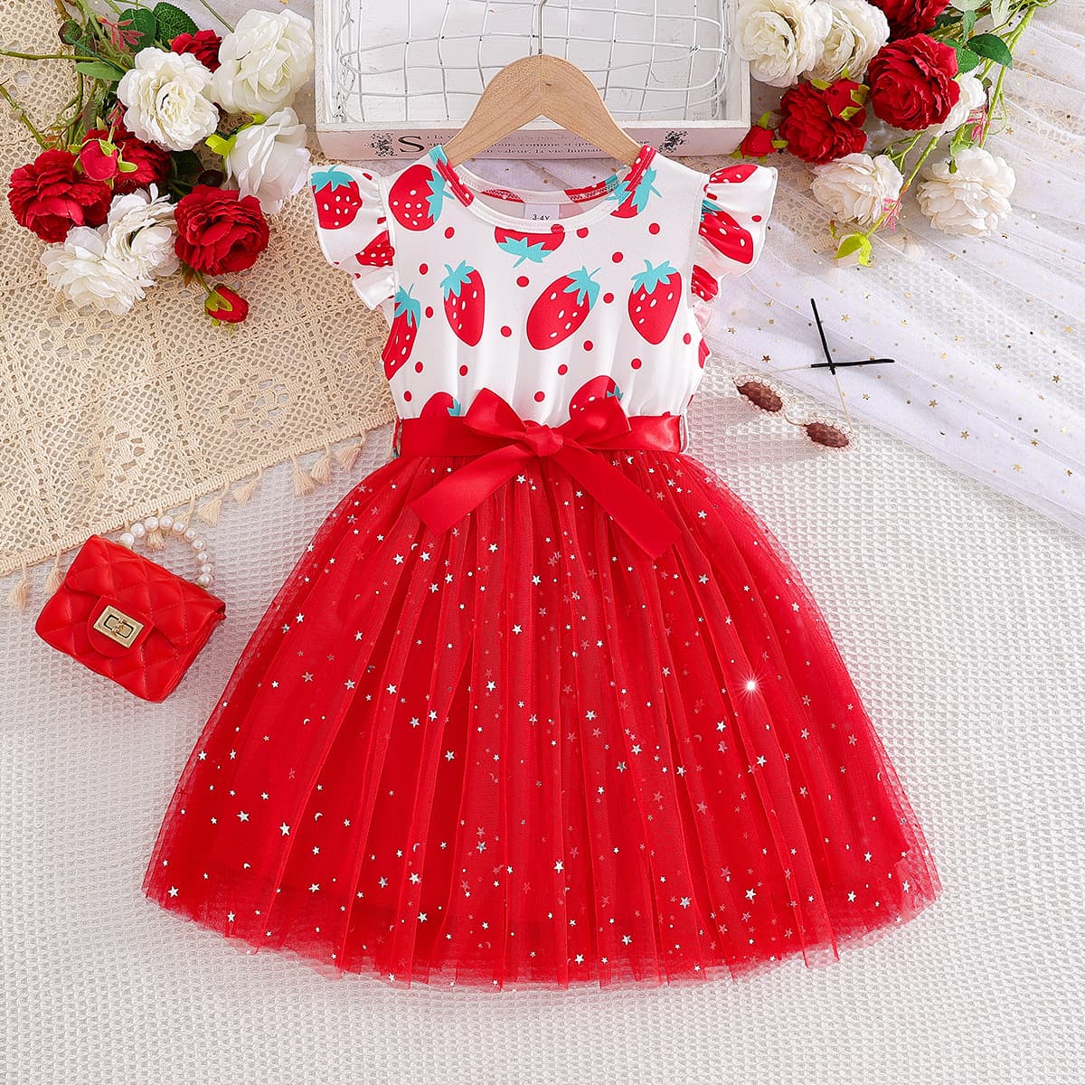 Cross-border Girls Strawberry Print Flutter Sleeve Mesh Dress Summer Cute Princess Dress European and American Children Party Birthday Dress