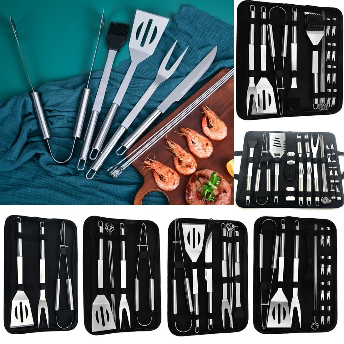 BBQ Tool Set Stainless Steel Grill Kit with Fork, Spatula, Tongs, Brush in Oxford Fabric Bag for Outdoor Amazon BBQ