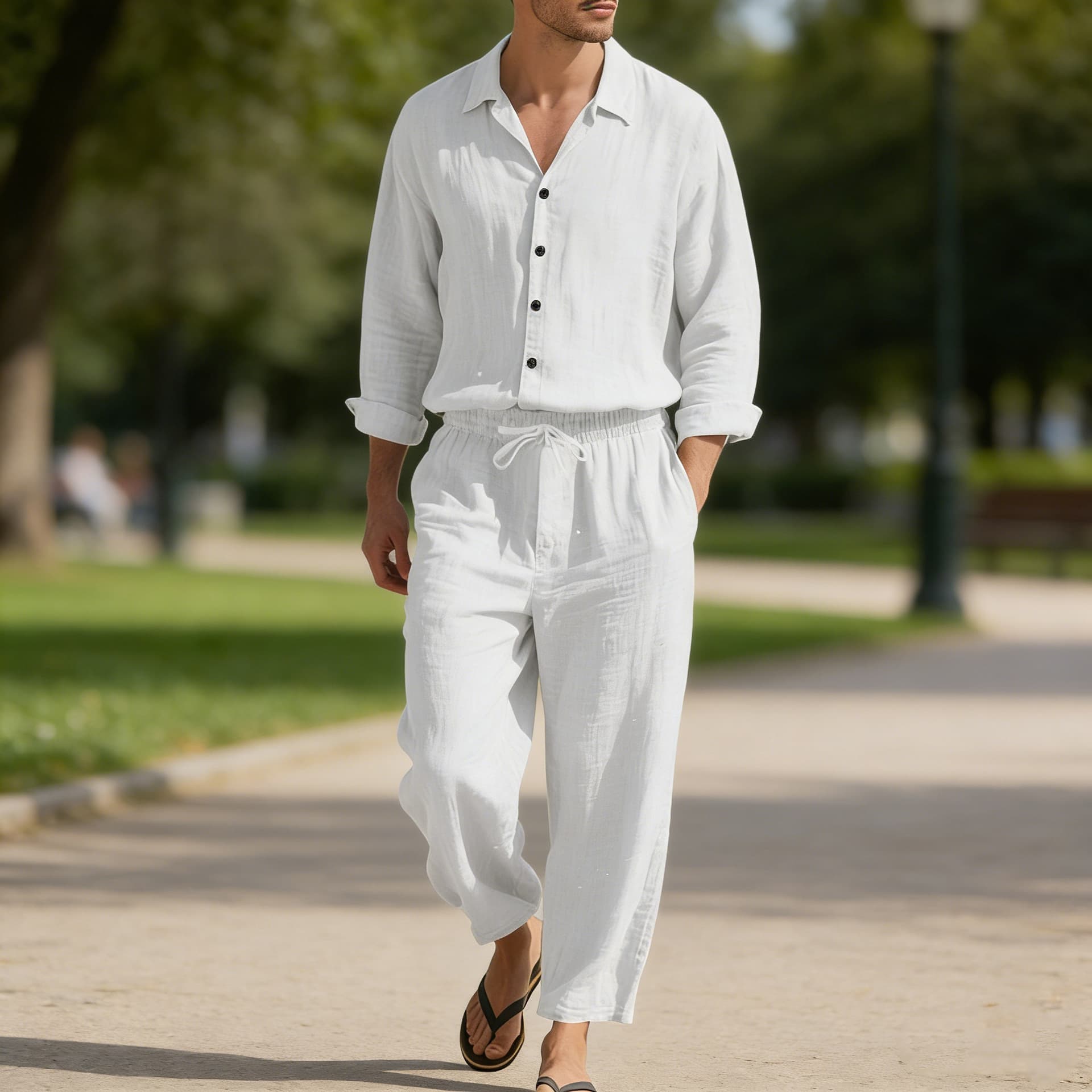 Cross-border Independent Station American Style Four-Season Linen Men's Casual Loose Beach Sun Protection Long-Sleeve Shirt and Pants Set
