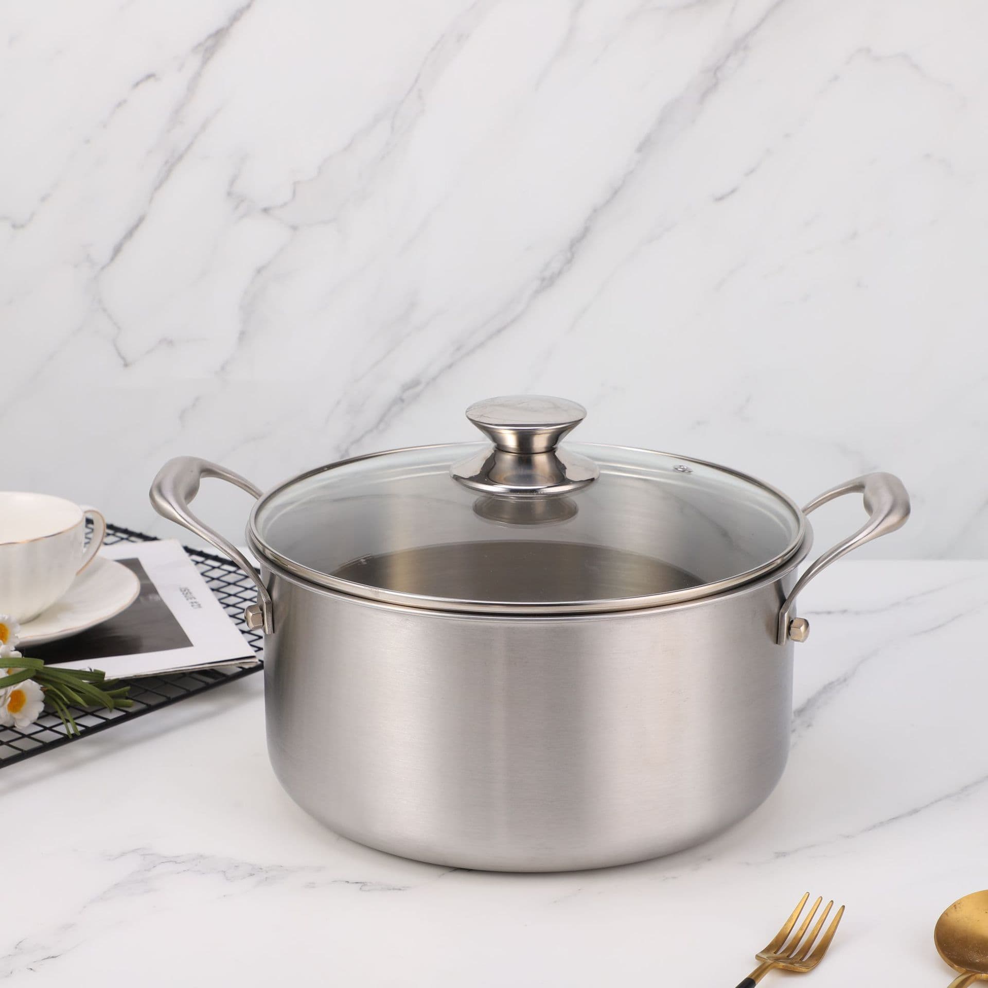 Thickened Stainless Steel Soup Pot, Dual-Ear Design, Compatible with Gas Stove and Induction Cooker, for Simmering Soup, Porridge, Steaming, Boiling Noodles and Water