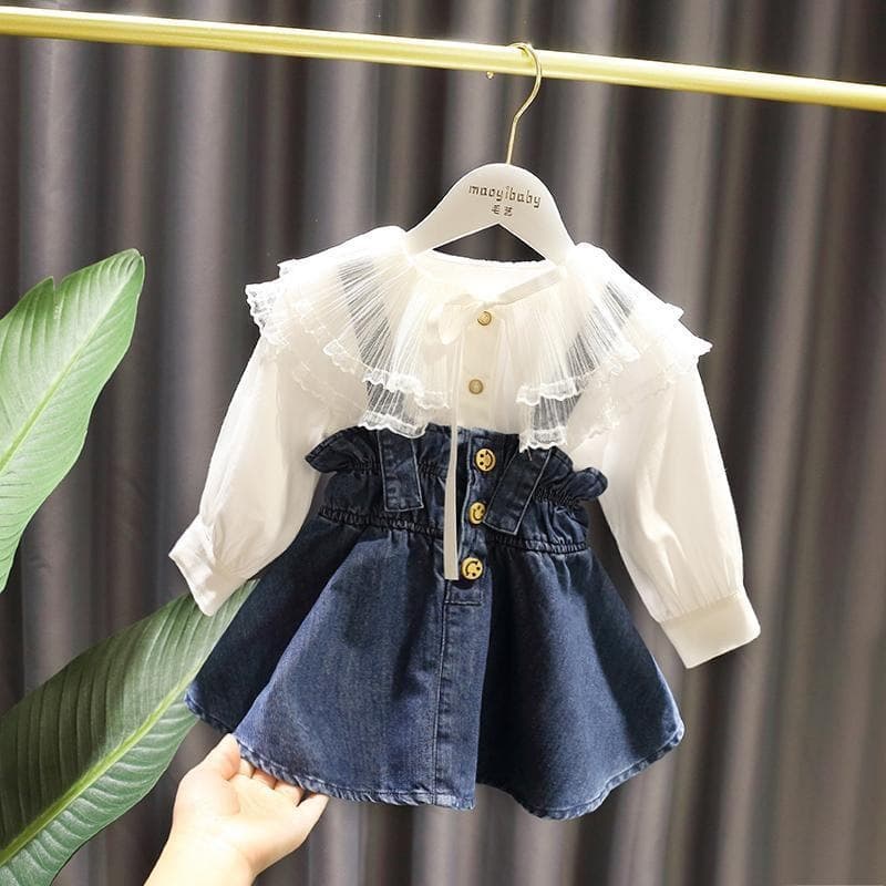 1-6 years old baby girl fashionable long-sleeved shirt denim suspender skirt two-piece suit girl dress spring, summer and autumn