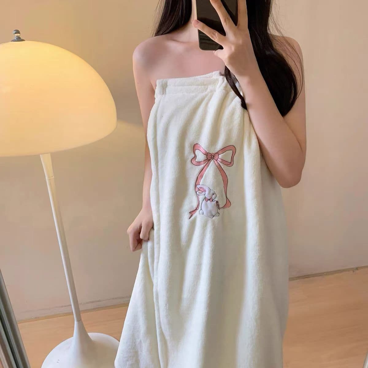 New Cute Bow Bunny Coral Fleece Bath Dress Bath Towel High Color Value Household Water Absorbent Quick-drying Towel Dry Hair Cap