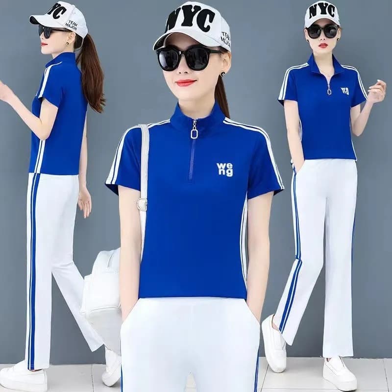 Fashionable Casual Premium Women's Polo Stand Collar Zipper Square Dance Sport Set New Ice Silk Short Sleeve Casual