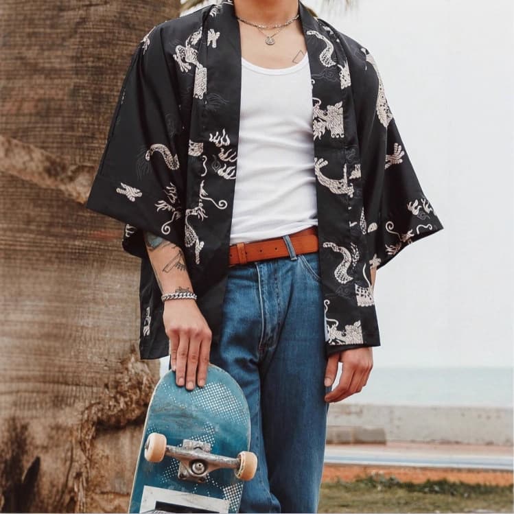 Haori Kimono Cardigan Street Fashion Japanese Style Print Seven-Sleeve Unisex Couple Drape Thin Jacket Shawl