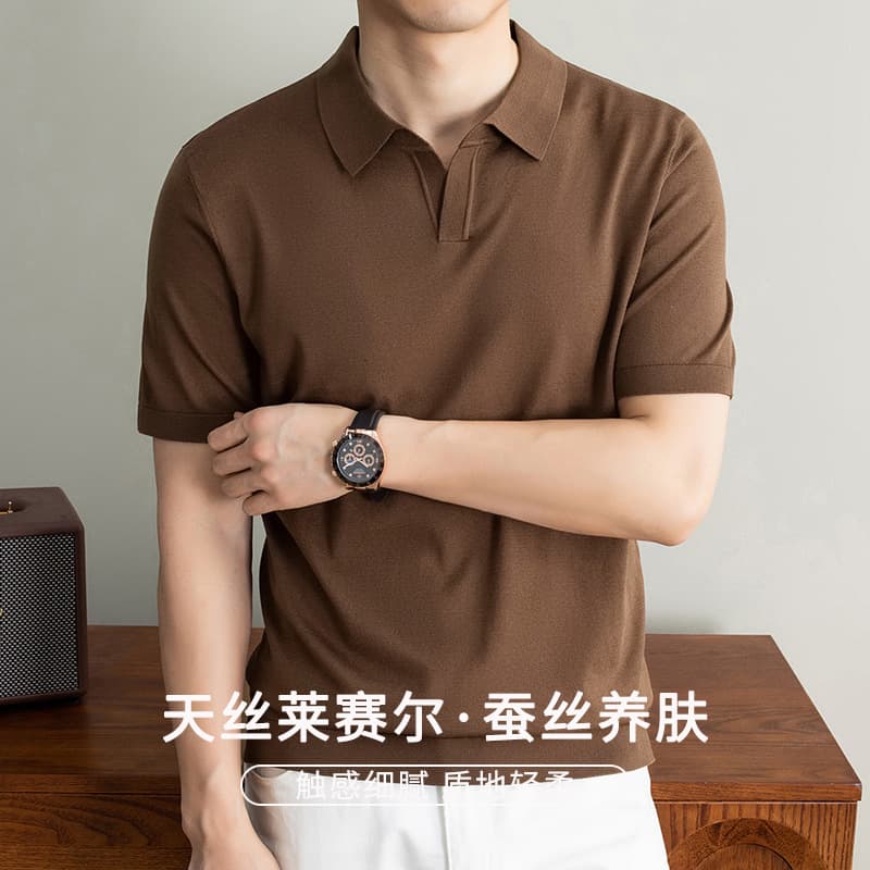 Mulberry Silk Seagull Collar Knitted Short Sleeve Men's Polo Shirt Old Money Style Tencel Cotton Silk Turn-Down Collar Breathable Men's T-Shirt