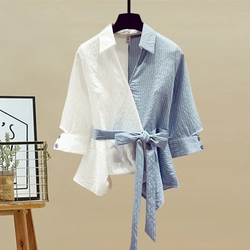 Plus Size Women's Summer Set: Striped Patchwork Shirt with High-Waist Jeans, Two-Piece Outfit for 200 lbs