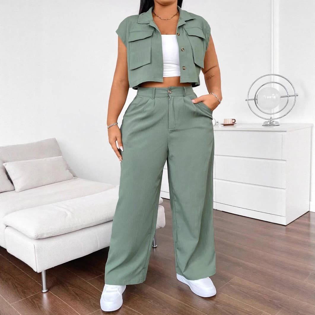 2025 Summer New European and American Plus Size Women's Sleeveless Loose Shirt with Multi-Pocket Casual Pants Two-Piece Set, Large Stock Available