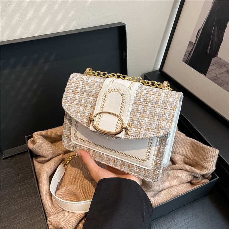 Korean Style Woven Mini Bag for Women 2025 Spring Summer New Chic Retro Woolen Chain Square Bag Cross-border Women's Bag