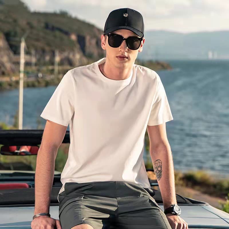 Cooling Ice Silk Cotton Men's Short Sleeve T-Shirt Summer White Half Sleeve Undershirt Men's Solid Mercerized T-Shirt Base Layer
