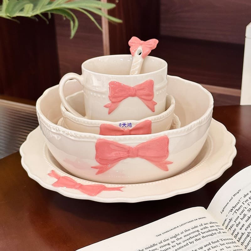 Cute Bowknot Dinnerware Ceramic Bowl Plate Home Set Glaze Under Glaze Cream Style High Appearance Soup Bowl