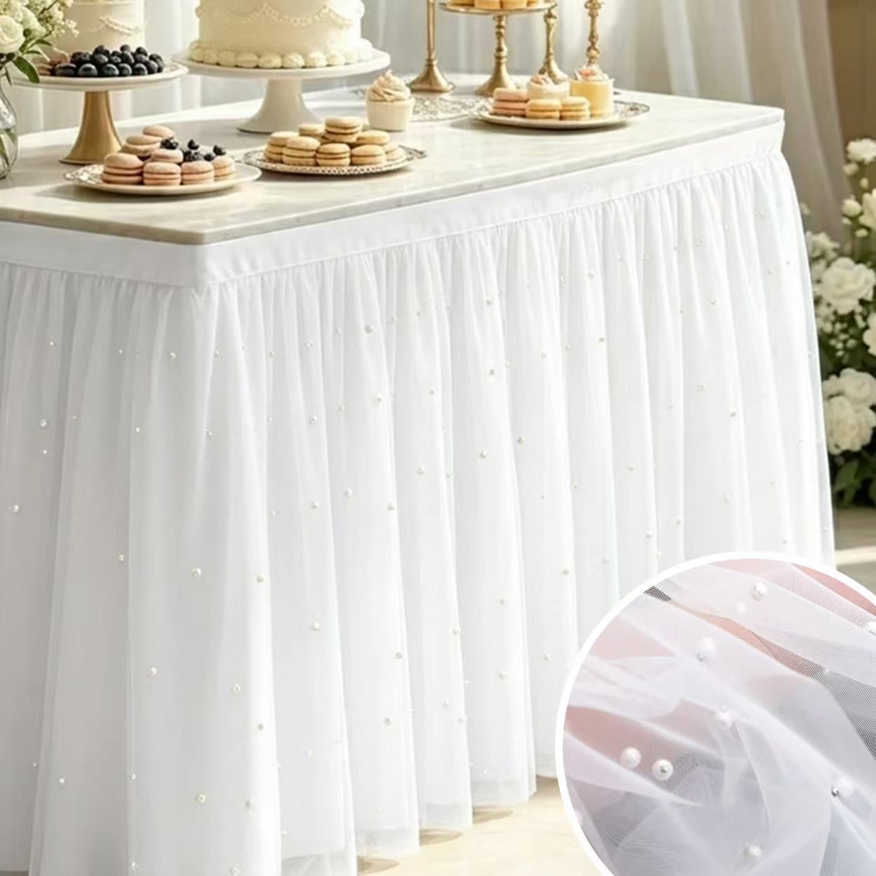 Double layer yarn integrated pearl tutu yarn table skirt cake table decoration party festival birthday wedding velcro table skirt