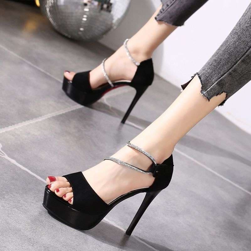 Summer versatile sandals petite fashionable stiletto platform rhinestones elegant socialite runway high heels comfortable