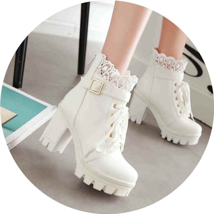 Short Tube Spring Autumn Winter Single Boots Women's Shoes Super High Heel Chunky Heel Lace-up Martin Boots British Style Short Boots White Plus Size