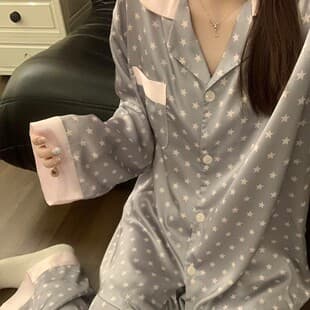 Color Contrast Star Ice Silk Pajama Set for Women, Spring/Autumn Cardigan Long Sleeve Long Pants, Sweet Elegant Wearable Homewear Set