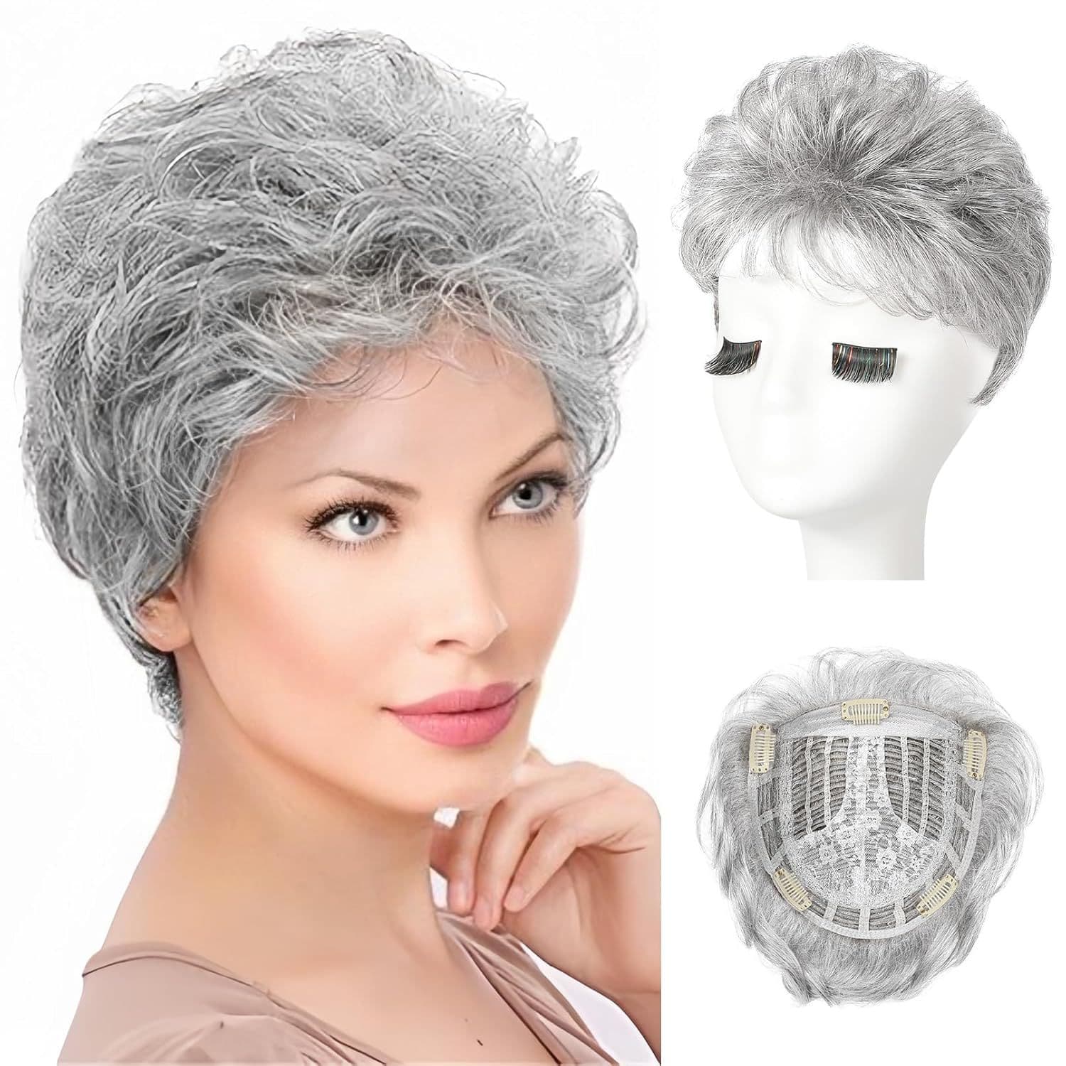 Cross-border Europe and America Women's Short Top Hairpiece Synthetic White Short Curly Volumetric Hairpiece for Covering Gray Hair