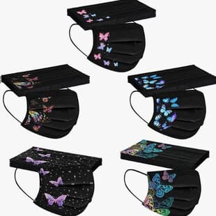 Adult Mask Butterfly Print Black Disposable 3-Layer Non-Woven Protective Skin-Friendly Mask, Suitable for Cross-Border