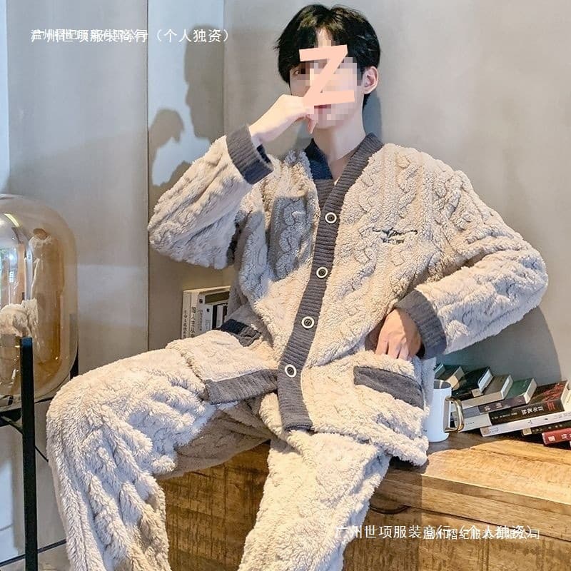 Men's Sleepwear Set, Autumn/Winter, Fleece-Lined, Thickened, Large Size, Coral Fleece & Flannel, Wearable Outside, Pajama Suit