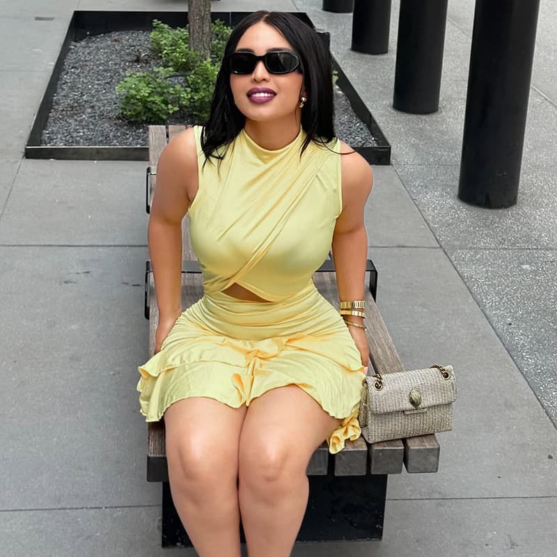 European and American style ins cross-border solid color fashion women's pleated waist A-line skirt round neck hollow ruffle short dress