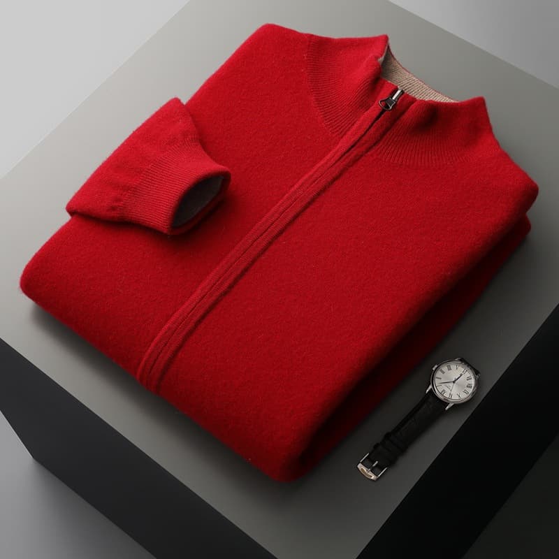 2024 Autumn/Winter New Men's Stand Collar 100% Pure Wool Cardigan, Reversible, Thickened Zipper Knitted Wool Cardigan