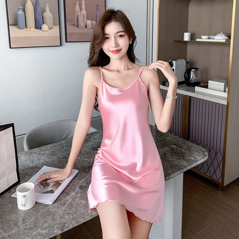 Summer Ice Silk Women's Sleep Dress Thin Sexy Simulated Silk Home Clothes Strap Vest Sleepwear Can Be Worn Outside as a Base Layer