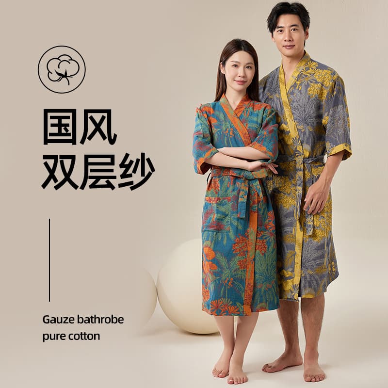 Pure Cotton Double-Layer Terry Bathrobe Class A Spring/Summer Thin Sleepwear Home Outfit Chinese Style Couple Quick-Dry Absorbent Bathrobe