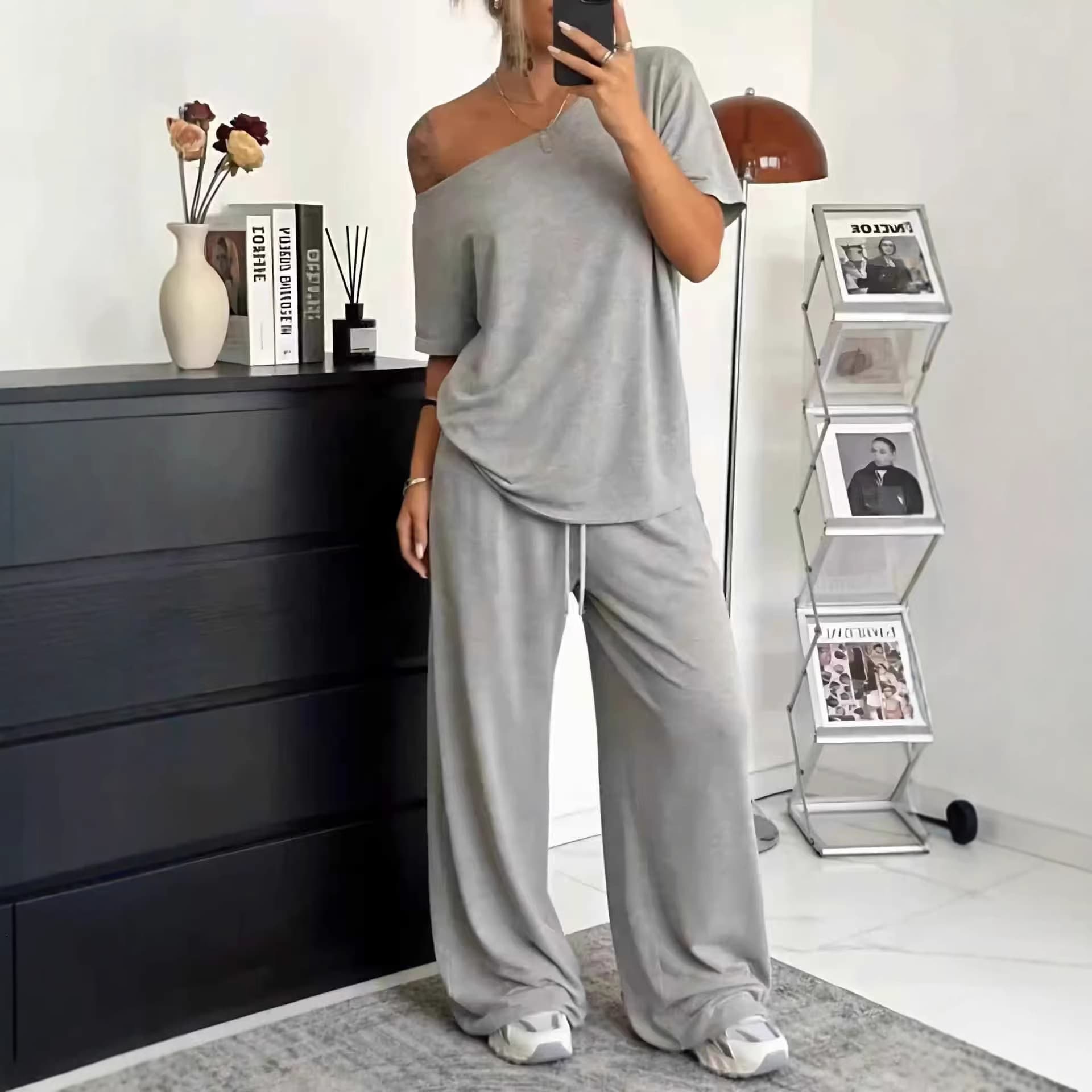 2026 Summer Off-Shoulder Short Sleeve T-Shirt with Drawstring Wide-Leg Long Pants Casual Plus Size Women's Set