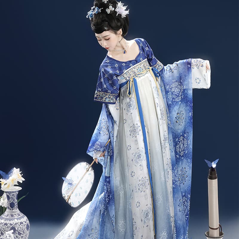 Original Tang-made chest-high Hanfu for women [blue and white porcelain] Chinese style super fairy skirt suit spring and summer daily set