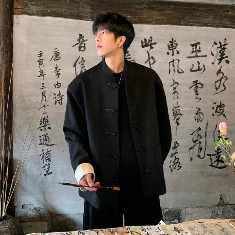 New Chinese Style Casual Men's Jacket Spring Autumn Loose Trendy Collar Button Tang Costume Polyester Fiber Leisure Fashion