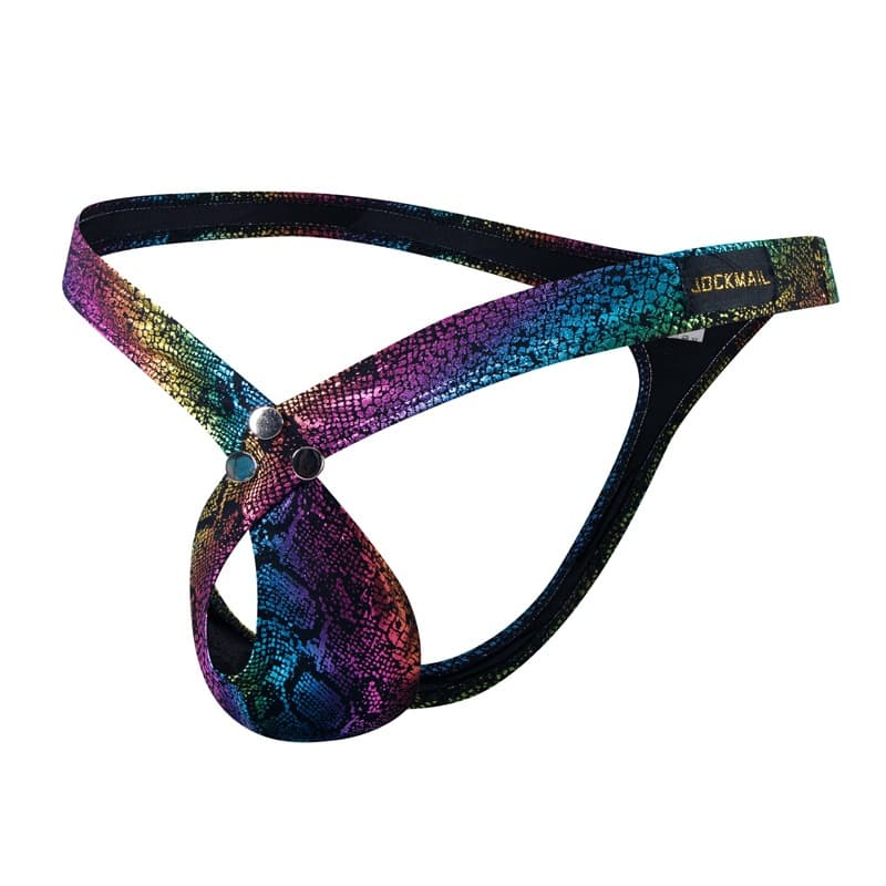 Sexy Rainbow Snake Pattern Men's Underwear T-String Bikini with Ring Detail Low Waist Polyester Fabric Briefs for Men