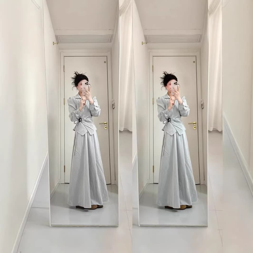2026 Spring New Korean Soft Style Tie V-Neck Blouse for Women Paired with Skirt Elegant Two-Piece Set