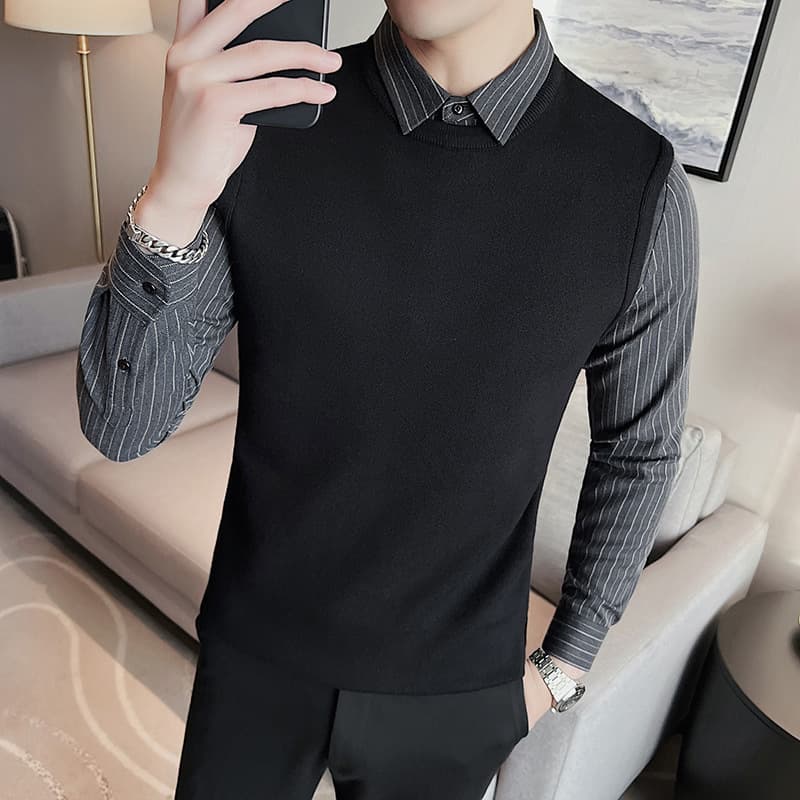 Faux Layered Sweater Men's Autumn Winter New Striped Sleeve Shirt Collar Casual Knitwear Business Pullover Sweater
