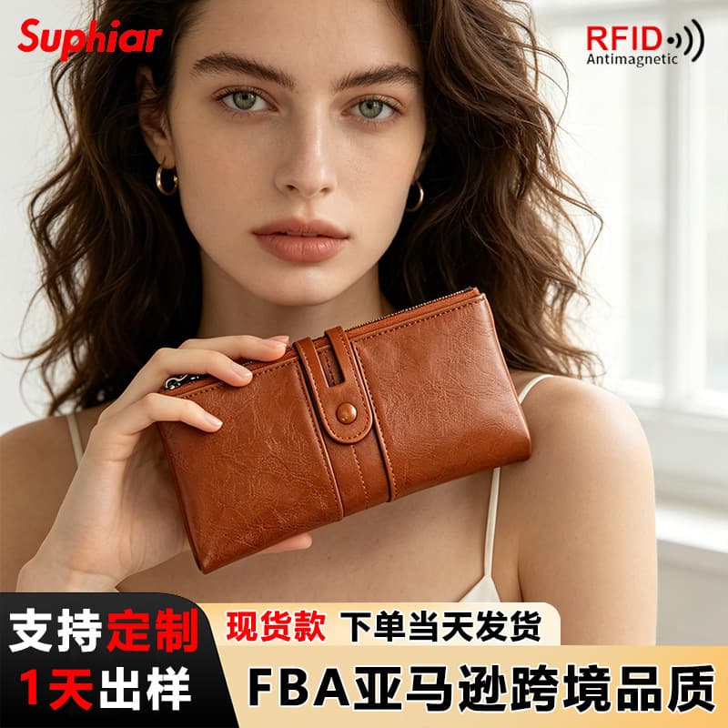 Amazon RFID Anti-Theft Money Clip Women's Vintage Zipper Oily Wax PU Leather Wallet Large Capacity Cash Long Wallet