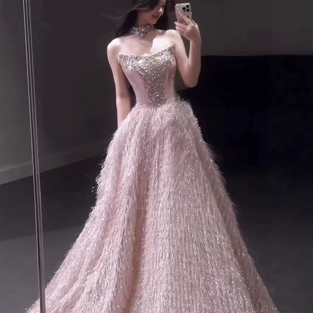 Engagement Evening Dress Women High-end Luxury Pink Bride Toast Dress Strapless Birthday Adult Ceremony Princess Gown