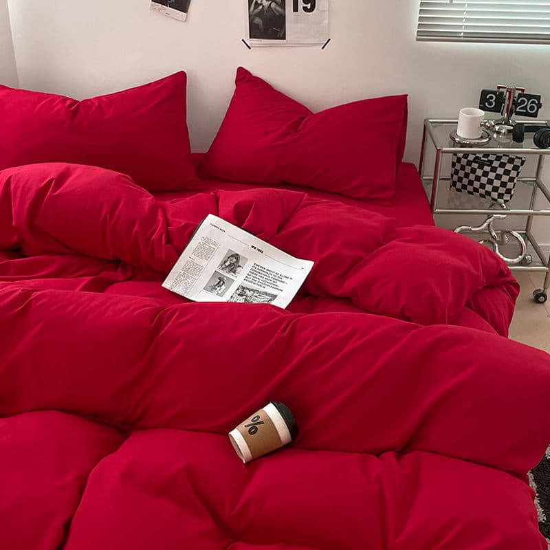 Big red four-piece wedding quilt cover ins washed cotton simple color bed three-piece wedding red quilt cover free shipping