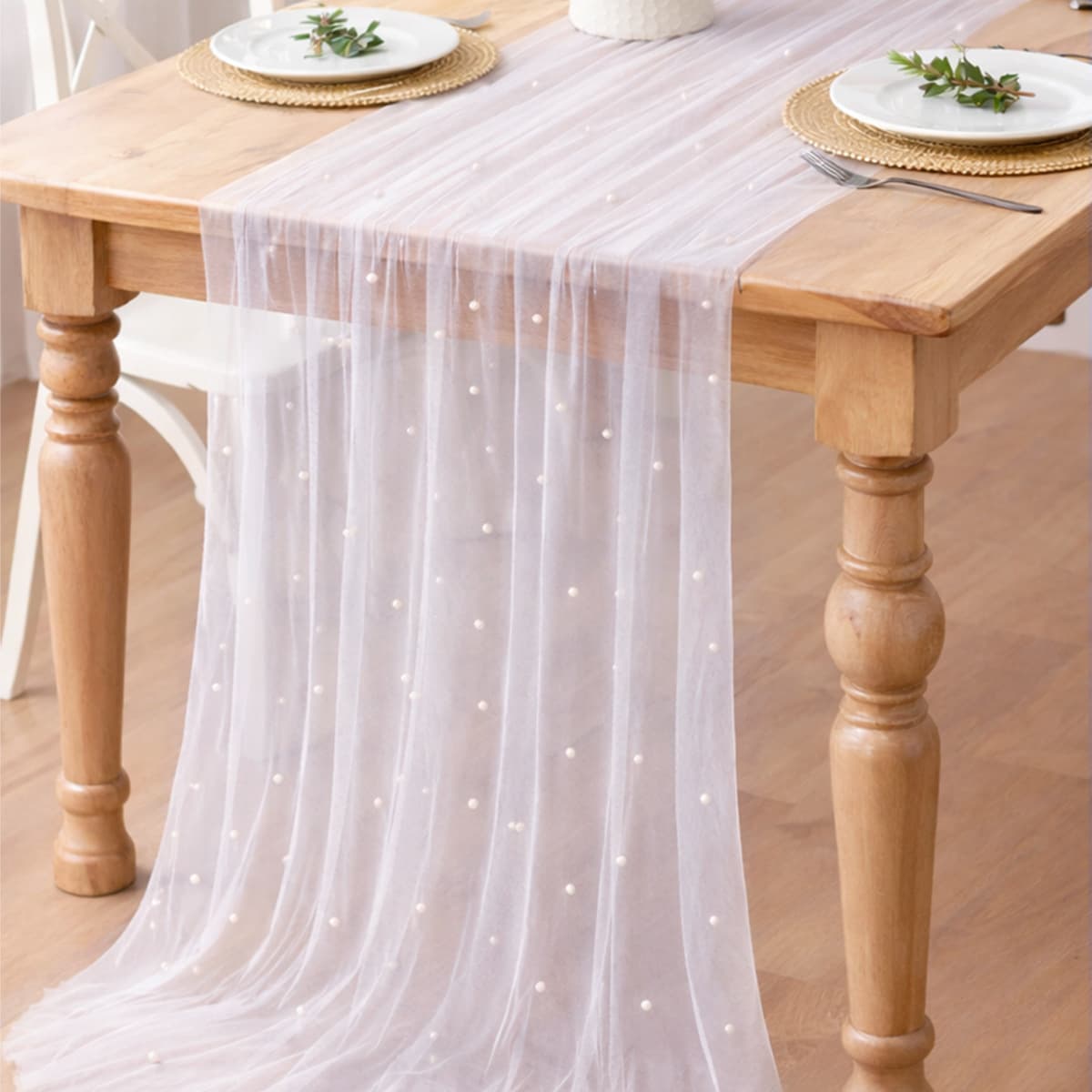 White Lace Pearl Mesh Table Runner for Wedding Party Decoration, Tulle Tablecloth Dining Table Cloth Home Table Setting