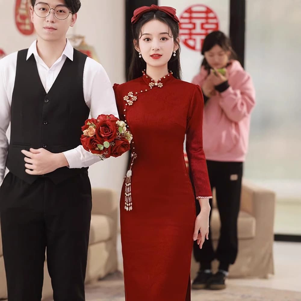 New Chinese-style national style wedding engagement toast dress bride return dress long skirt cheongsam elegant and graceful