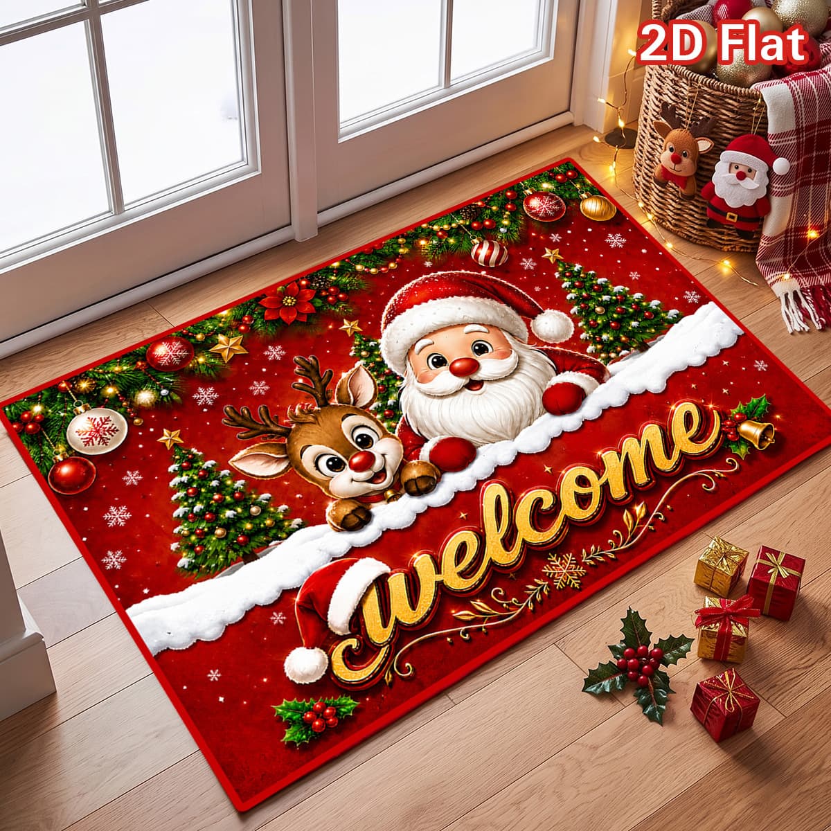Santa Claus Reindeer Welcome Doormat, Crystal Velvet Christmas WELCOME Bathroom Entry Anti-Slip Floor Mat