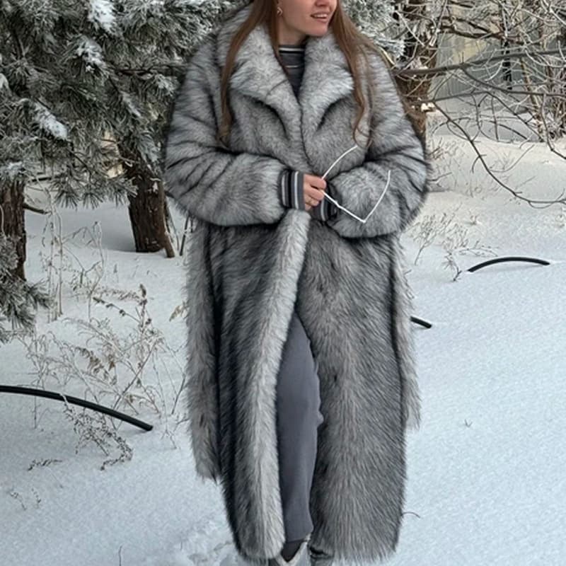 Russian Style Faux Fox Fur Dyed Plush Coat - Long Notched Lapel Waist Slimming Belted Faux Fur Jacket