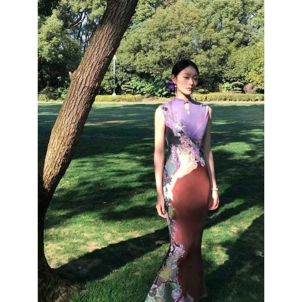 2025 New Chinese Style Reversible Contrast Color Cheongsam Dress for Women, Printed Fishtail Vest Dress, Long Dress for Spring and Summer
