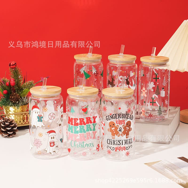 Christmas Heat Transfer PC 16OZ Single-Layer Mason Jar with Wooden Lid and Straw, Holiday Party Cup, High-Appearance Portable