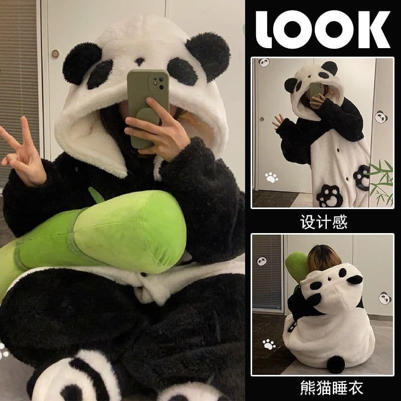 2026 New Cartoon Panda Pajamas for Women, Winter Coral Fleece Thickened Bathrobe, Cute Girl Homewear Set