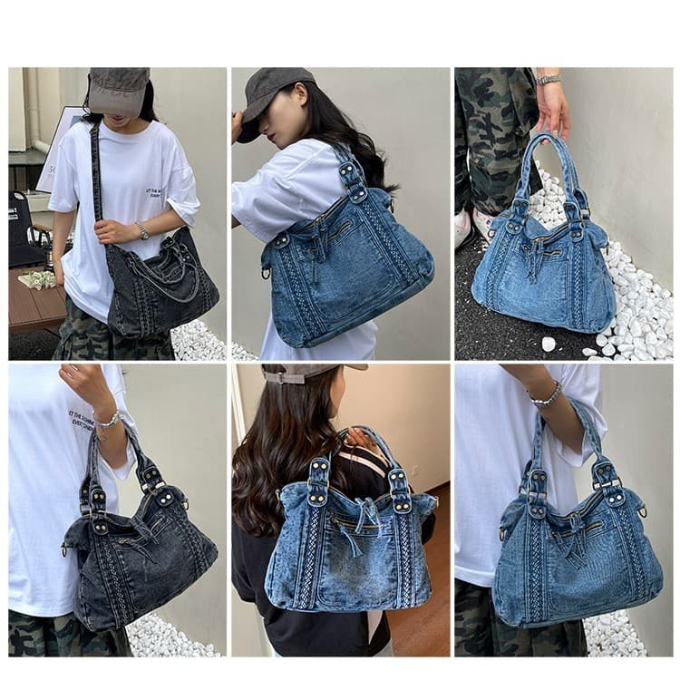 American Vintage Washed Women's Tote Bag, Fashionable Large Capacity Shoulder Bag, Lightweight Solid Color Girl Crossbody Bag