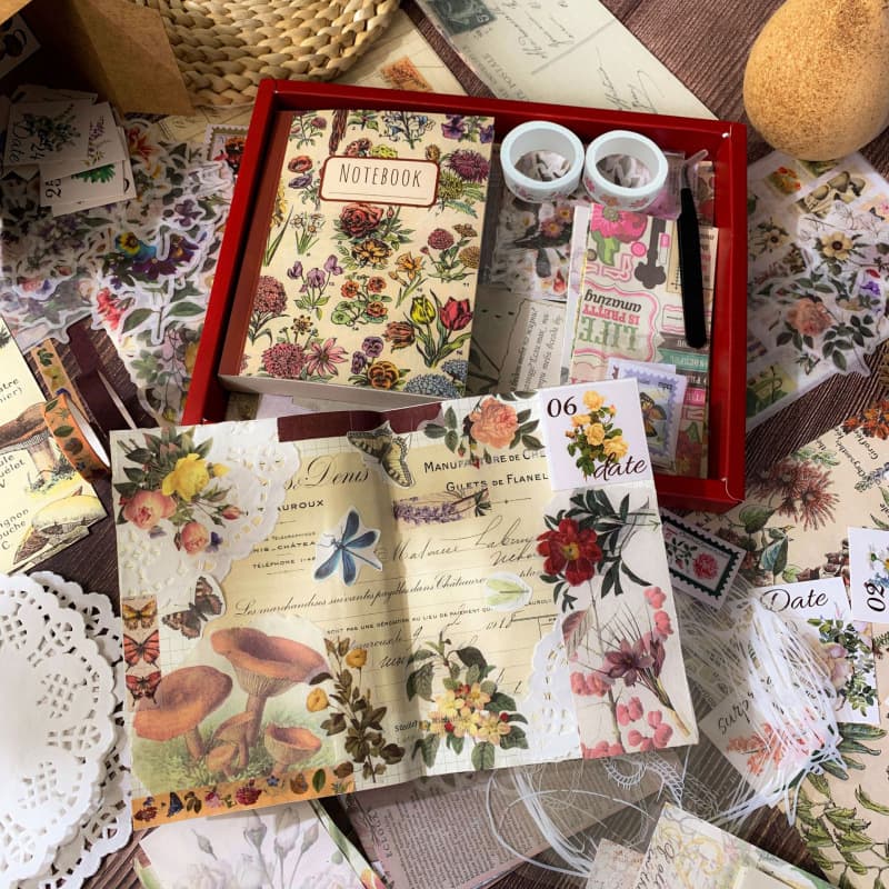 Cross-border handbook stickers 265 pieces aesthetic gift box flowers and plants DIY scrapbook retro handbook material set