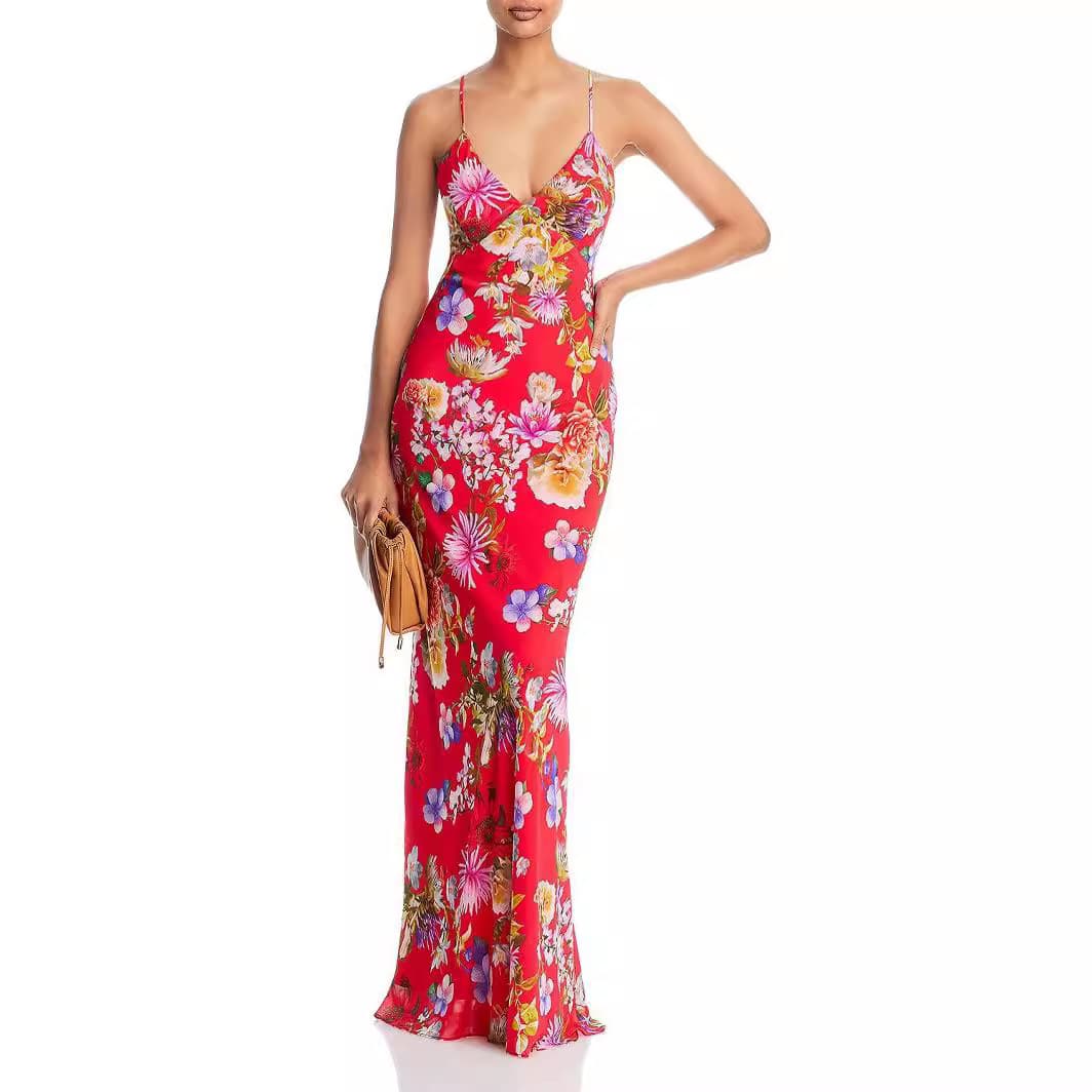 2026 European and American Amazon Sexy Printed Strapless Off-Shoulder Fishtail Dress Vacation Lace-Up Backless Maxi Dress